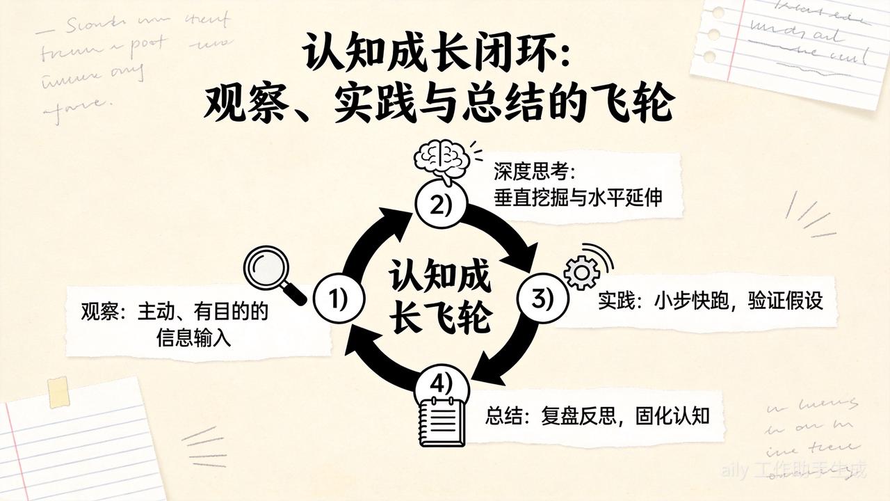 认知成长闭环展示了从观察到实践再到总结的持续迭代过程，深度思考是驱动这个飞轮的核心引擎。