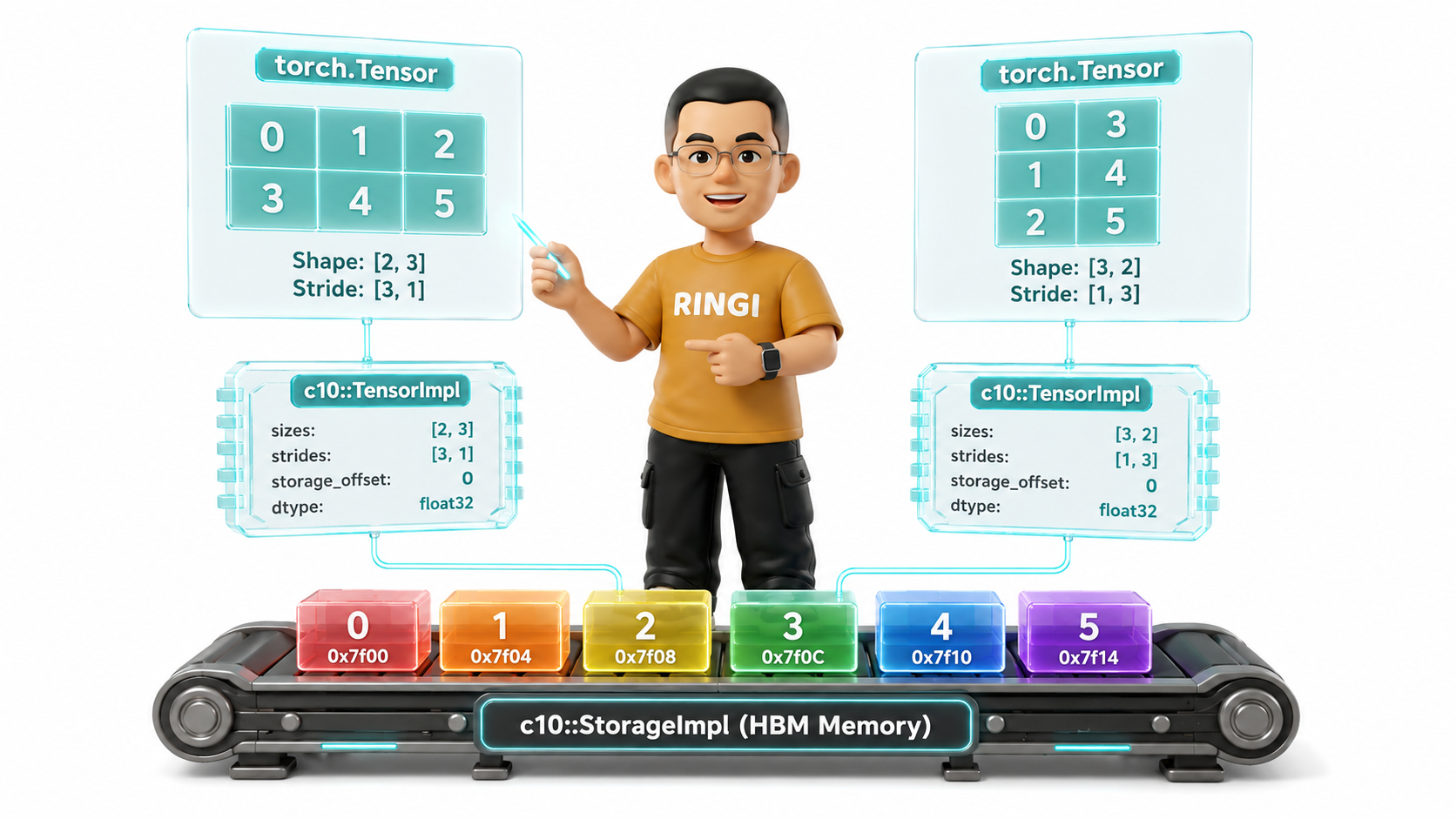 Ringi 导师解构:PyTorch Tensor 物理内存三层架构与 Stride 投影工坊