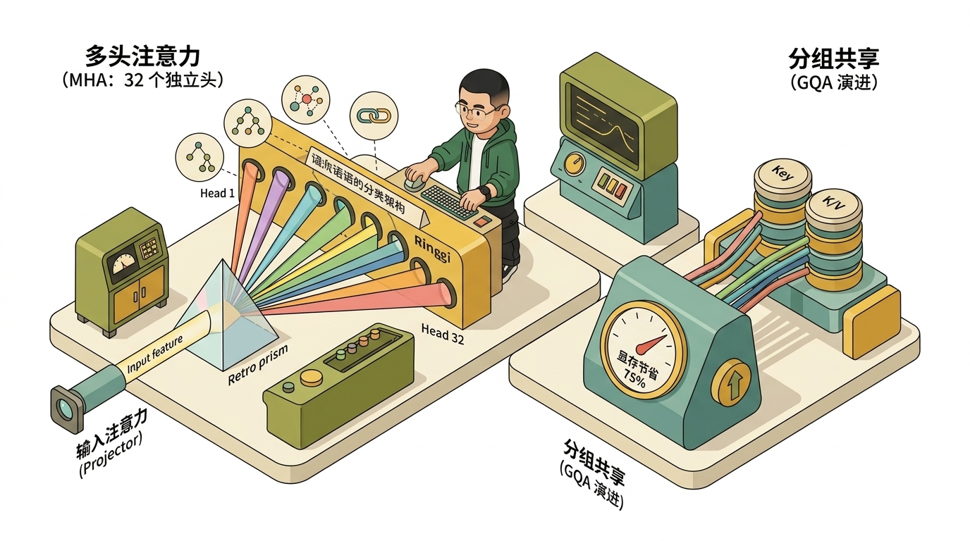 Ringi 导师解构：Multi-Head Attention 与 GQA 分组共享机制