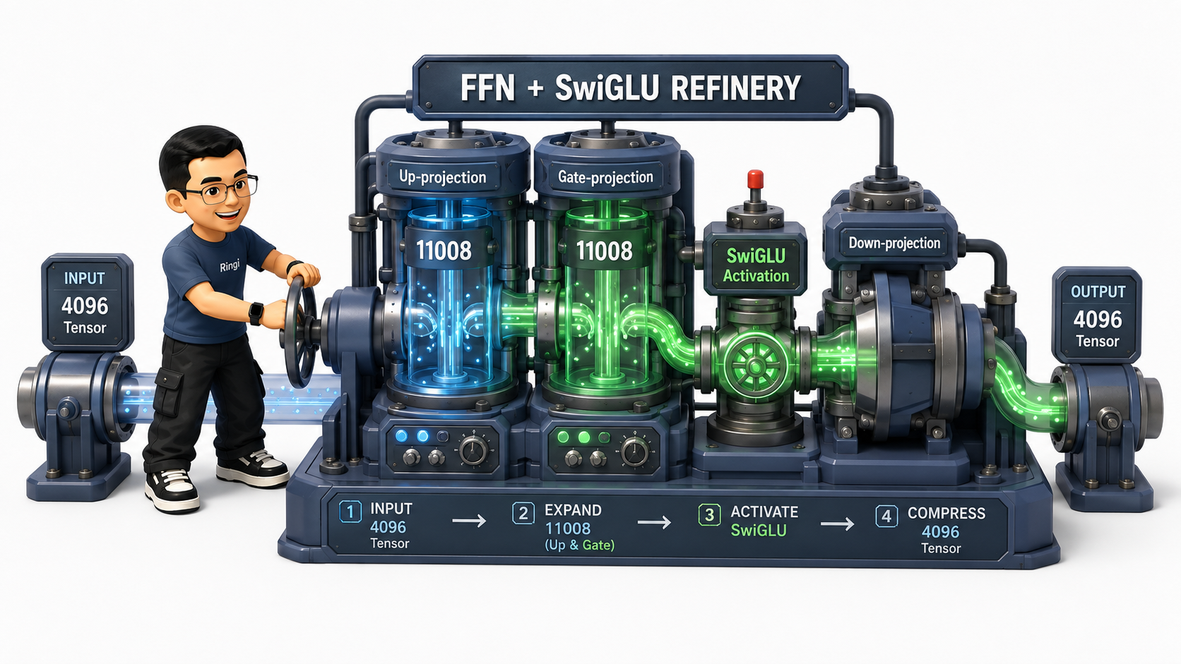 Ringi 导师解构:FFN 前馈网络与 SwiGLU 升降维与门控加工厂