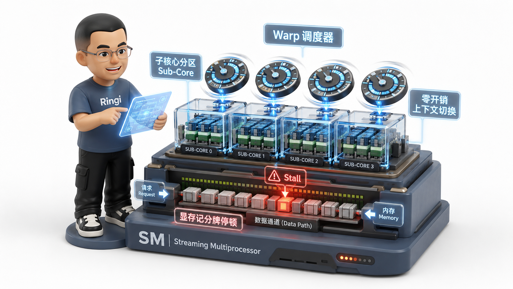 Ringi 导师解构:SM 子核心分区与 Warp 零开销调度工作流