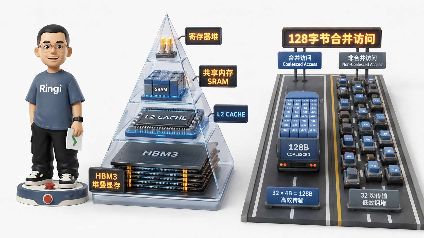 Ringi 导师解构:GPU 存储金字塔与 128 字节合并访存车道全景